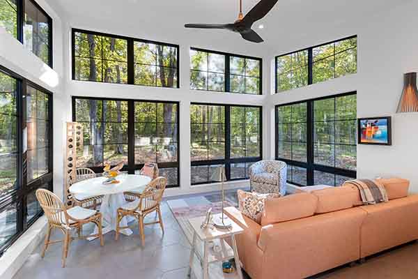 living room with glass window