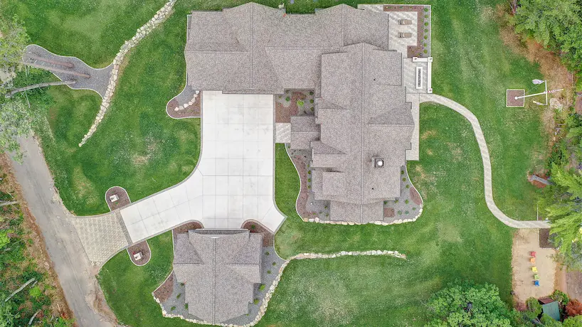 Overhead ariel shot of a custom luxury home that was just built in Wisconsin
