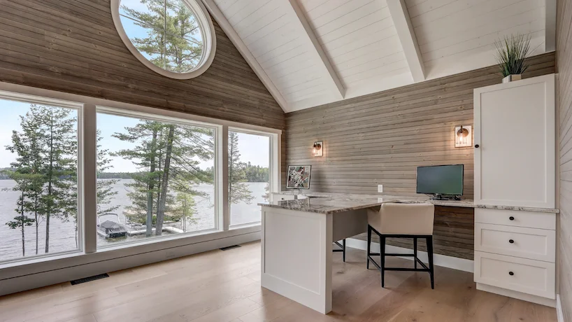 Waterfront home office with large heat resistant windows and great airflow