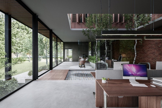 modern space with big windows and greenery